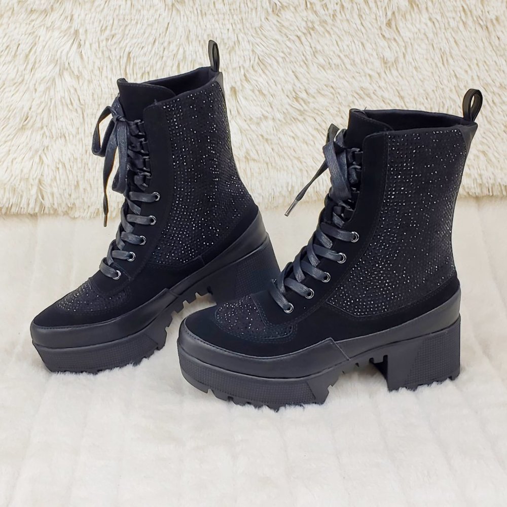Diva Shine Black Rhinestone Platform Combat Ankle Boots - Picture 12 of 12